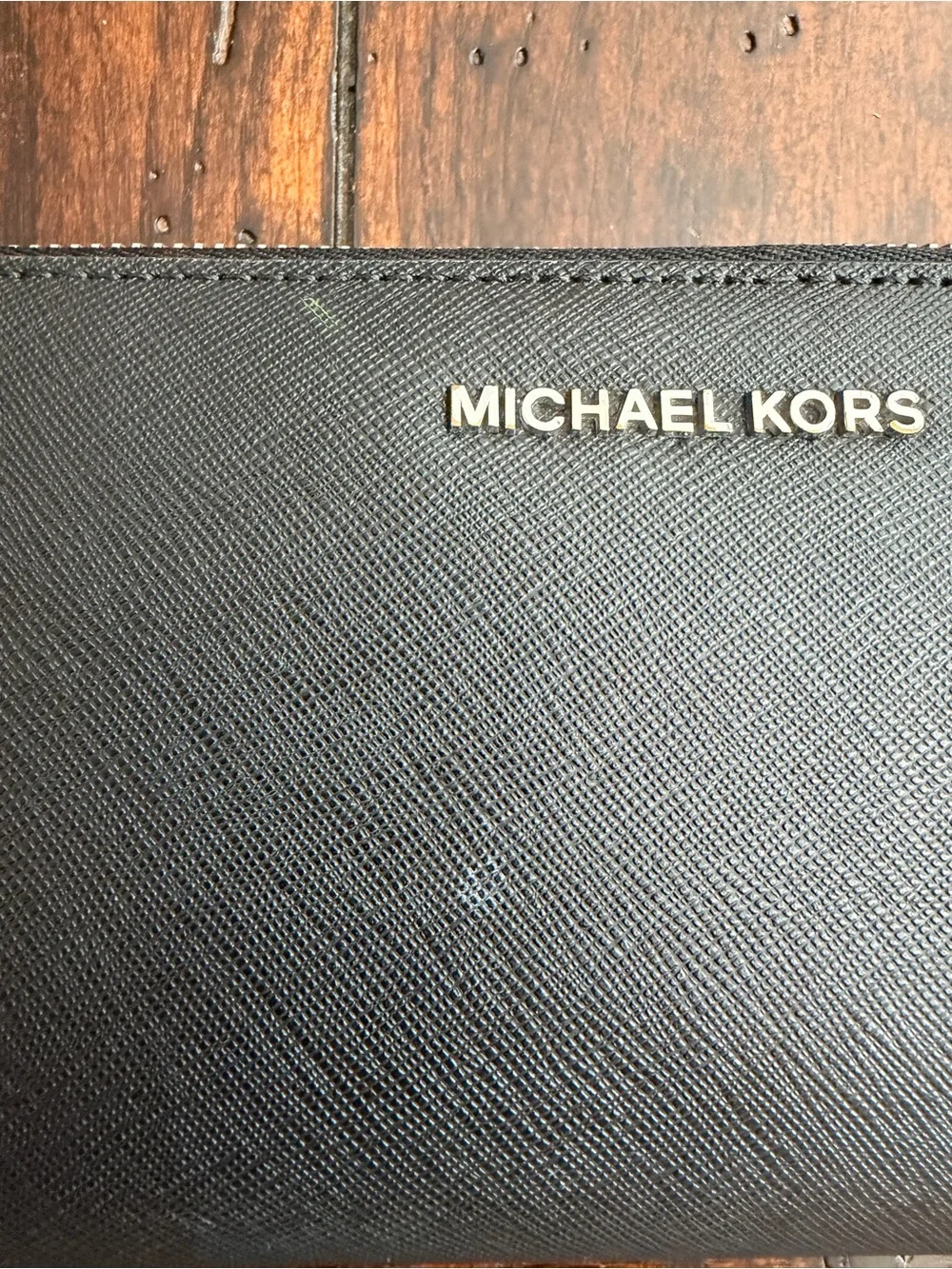 Michael Kors Black Saffiano Zip-Around Wristlet Wallet with Gold Logo